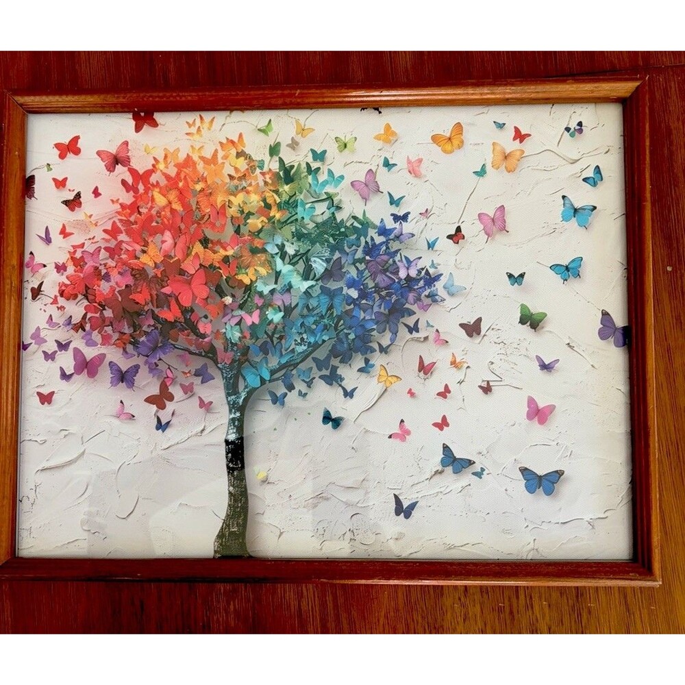 Framed Contemporary Nature Painting Butterfly Tree, Multicolor, 16 x 12 in